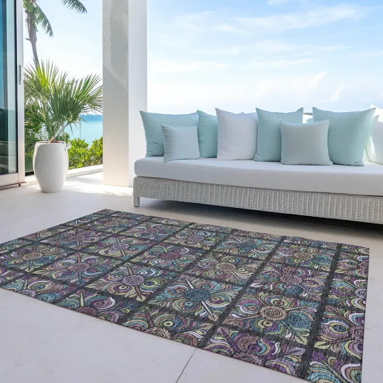 10' X 14' Black Purple And Teal Blue Medallion Washable Indoor Outdoor Area Rug