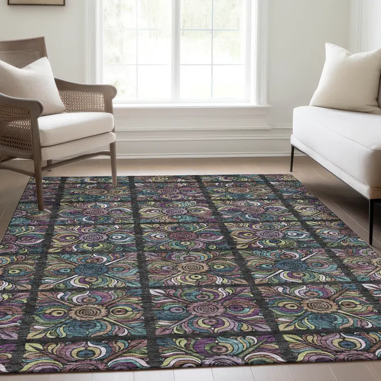 10' X 14' Black Purple And Teal Blue Medallion Washable Indoor Outdoor Area Rug