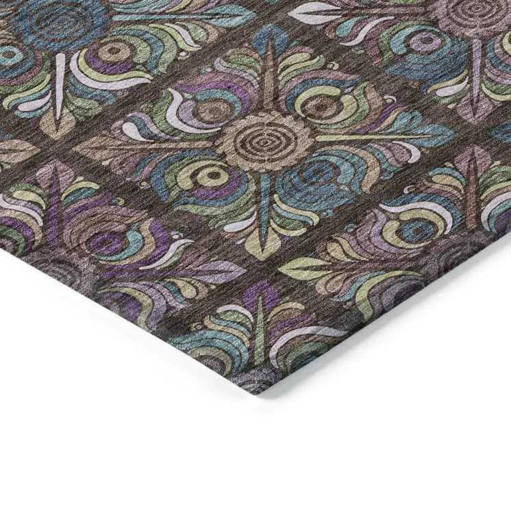 3' X 5' Chocolate Purple And Teal Blue Medallion Washable Indoor Outdoor Area Rug