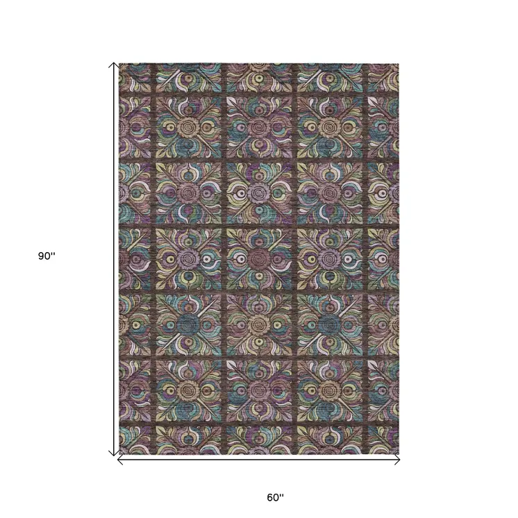 5' X 8' Chocolate Purple And Teal Blue Medallion Washable Indoor Outdoor Area Rug