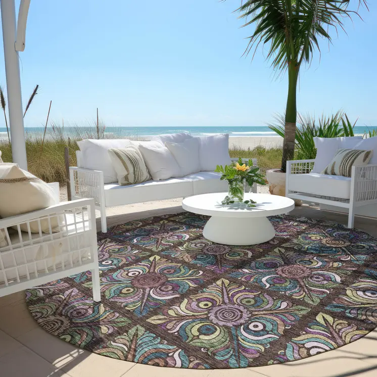 8' Chocolate Purple And Teal Blue Round Medallion Washable Indoor Outdoor Area Rug