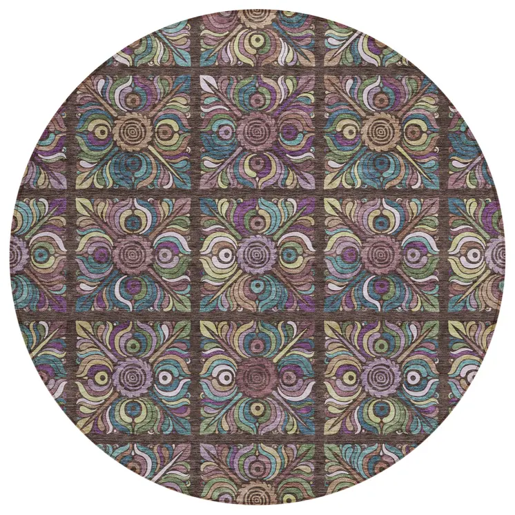 8' Chocolate Purple And Teal Blue Round Medallion Washable Indoor Outdoor Area Rug
