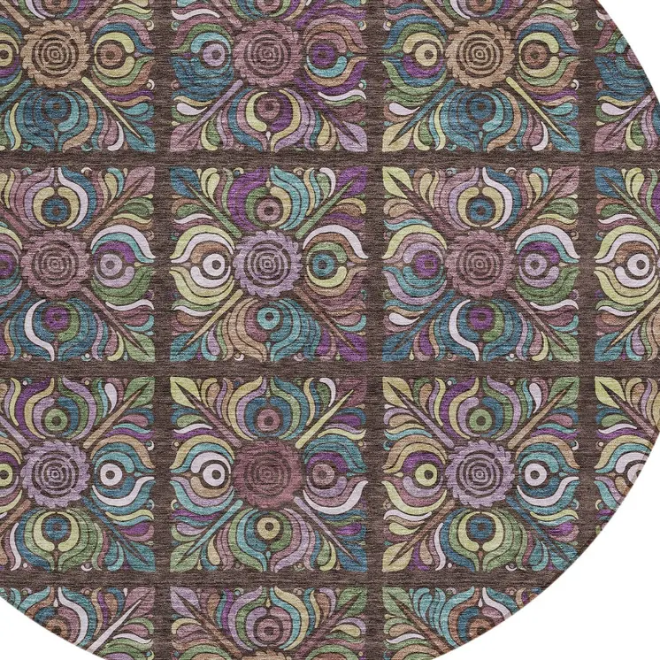 8' Chocolate Purple And Teal Blue Round Medallion Washable Indoor Outdoor Area Rug