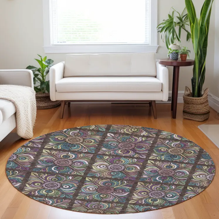 8' Chocolate Purple And Teal Blue Round Medallion Washable Indoor Outdoor Area Rug