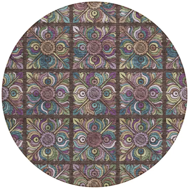 8' Chocolate Purple And Teal Blue Round Medallion Washable Indoor Outdoor Area Rug