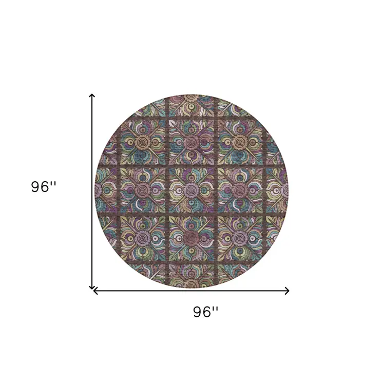 8' Chocolate Purple And Teal Blue Round Medallion Washable Indoor Outdoor Area Rug