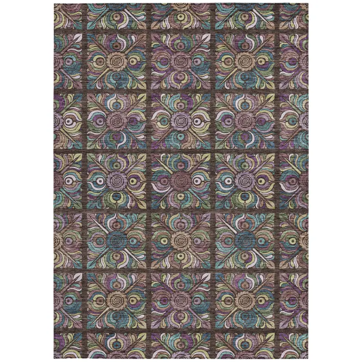 8' X 10' Chocolate Purple And Teal Blue Medallion Washable Indoor Outdoor Area Rug