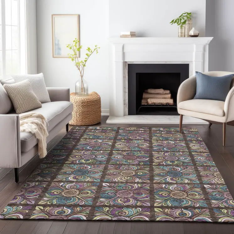 8' X 10' Chocolate Purple And Teal Blue Medallion Washable Indoor Outdoor Area Rug