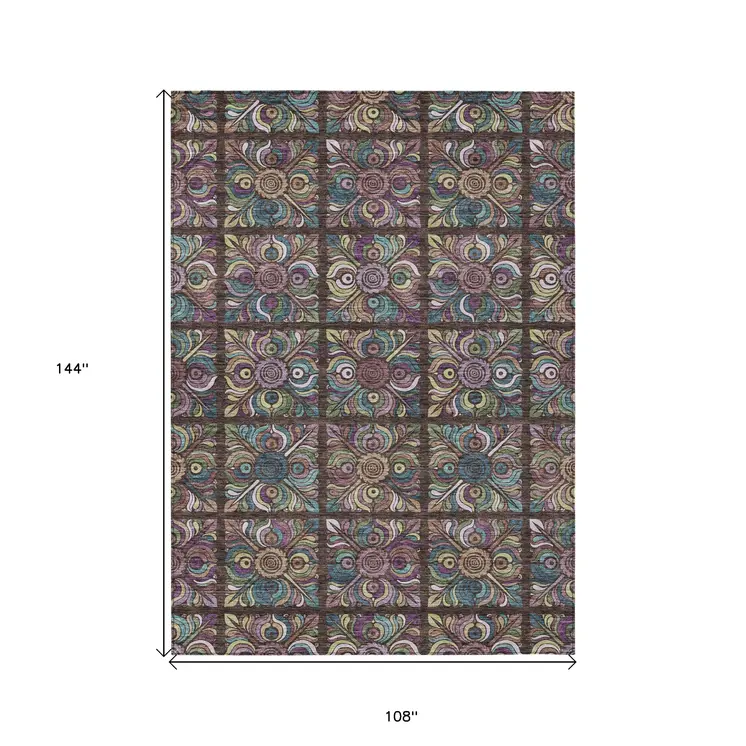 9' X 12' Chocolate Purple And Teal Blue Medallion Washable Indoor Outdoor Area Rug