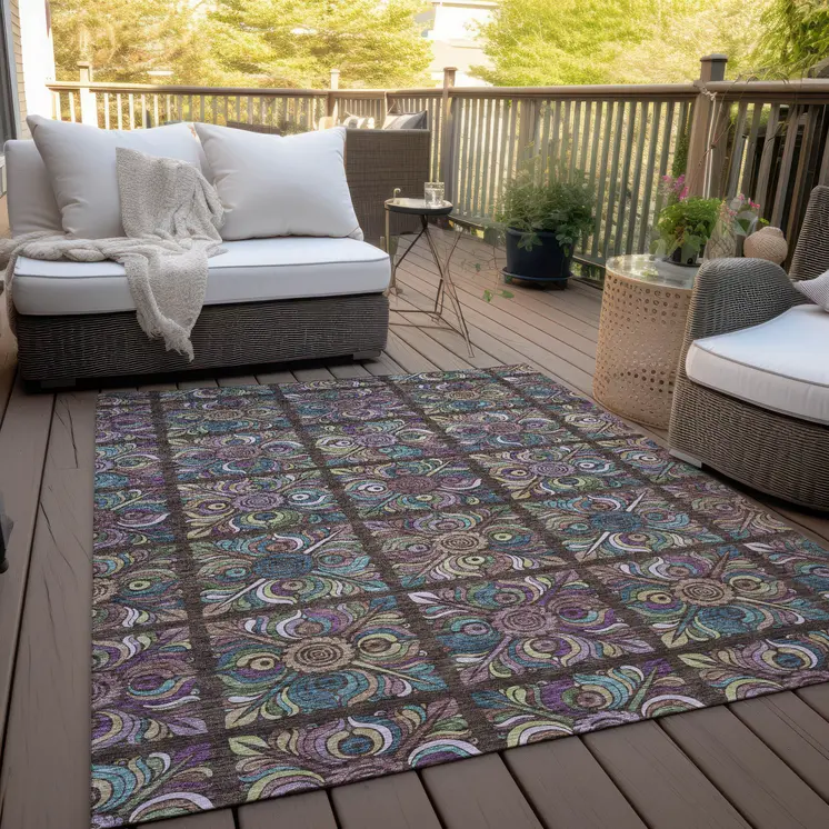 9' X 12' Chocolate Purple And Teal Blue Medallion Washable Indoor Outdoor Area Rug