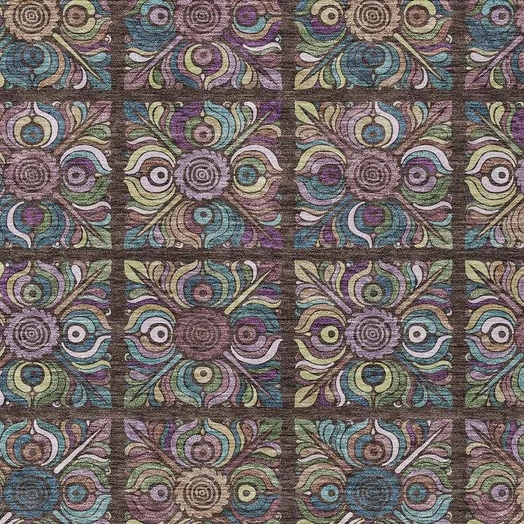 9' X 12' Chocolate Purple And Teal Blue Medallion Washable Indoor Outdoor Area Rug
