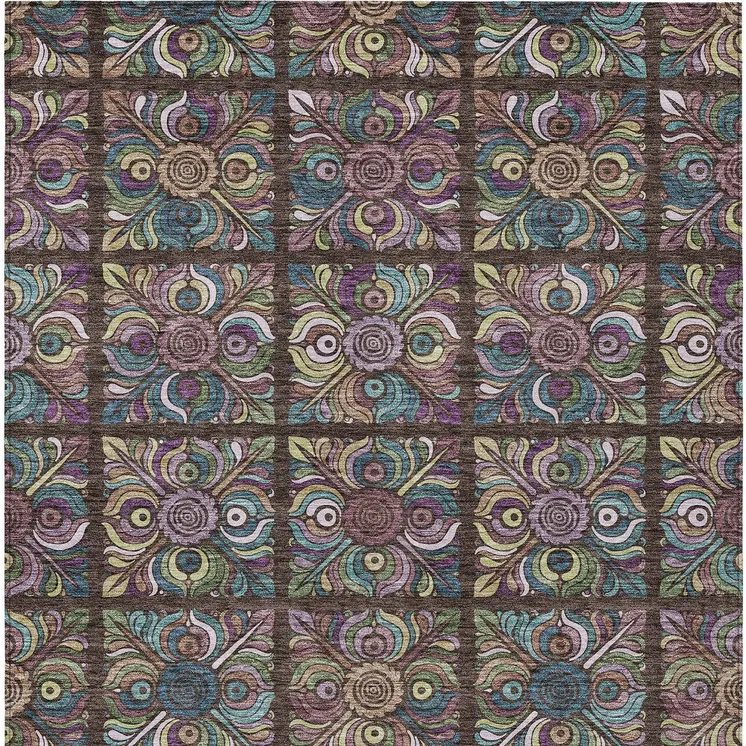 10' X 14' Chocolate Purple And Teal Blue Medallion Washable Indoor Outdoor Area Rug