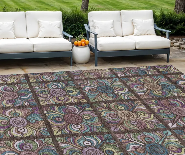 10' X 14' Chocolate Purple And Teal Blue Medallion Washable Indoor Outdoor Area Rug