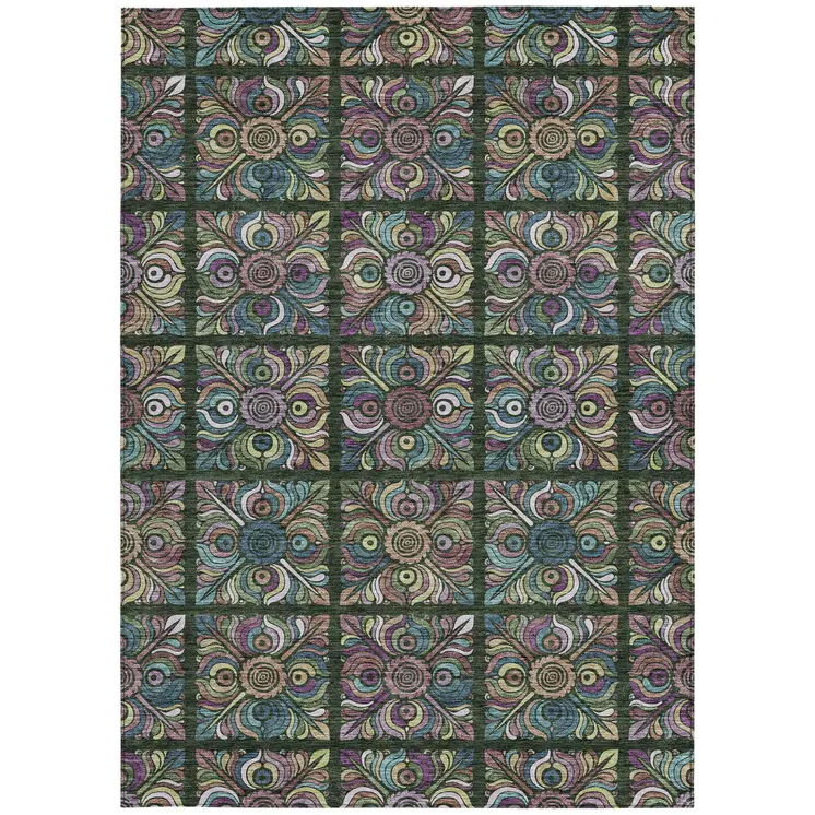 3' X 5' Fern Green Purple And Teal Blue Medallion Washable Indoor Outdoor Area Rug