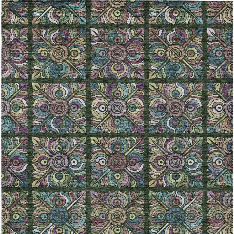 5' X 8' Fern Green Purple And Teal Blue Medallion Washable Indoor Outdoor Area Rug