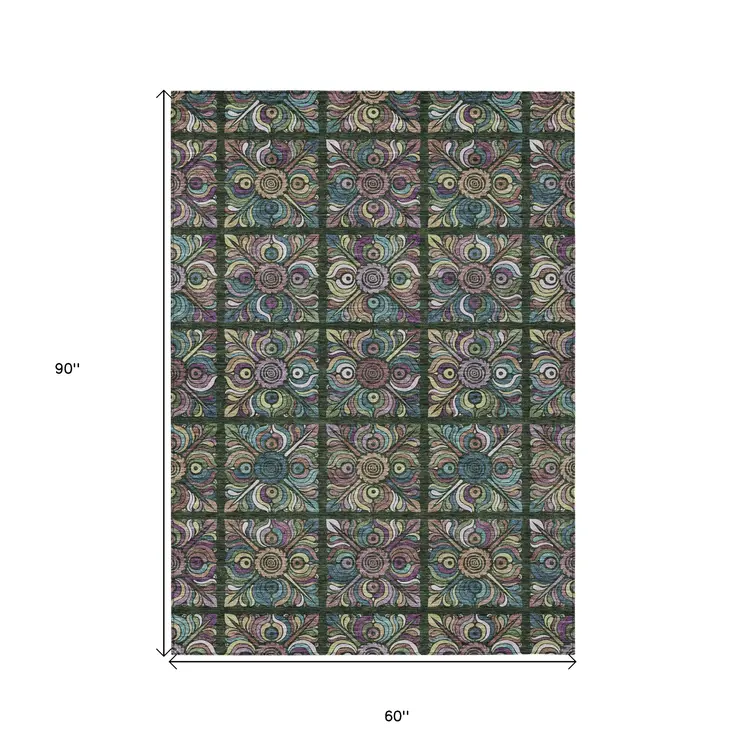 5' X 8' Fern Green Purple And Teal Blue Medallion Washable Indoor Outdoor Area Rug