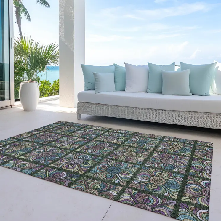 5' X 8' Fern Green Purple And Teal Blue Medallion Washable Indoor Outdoor Area Rug