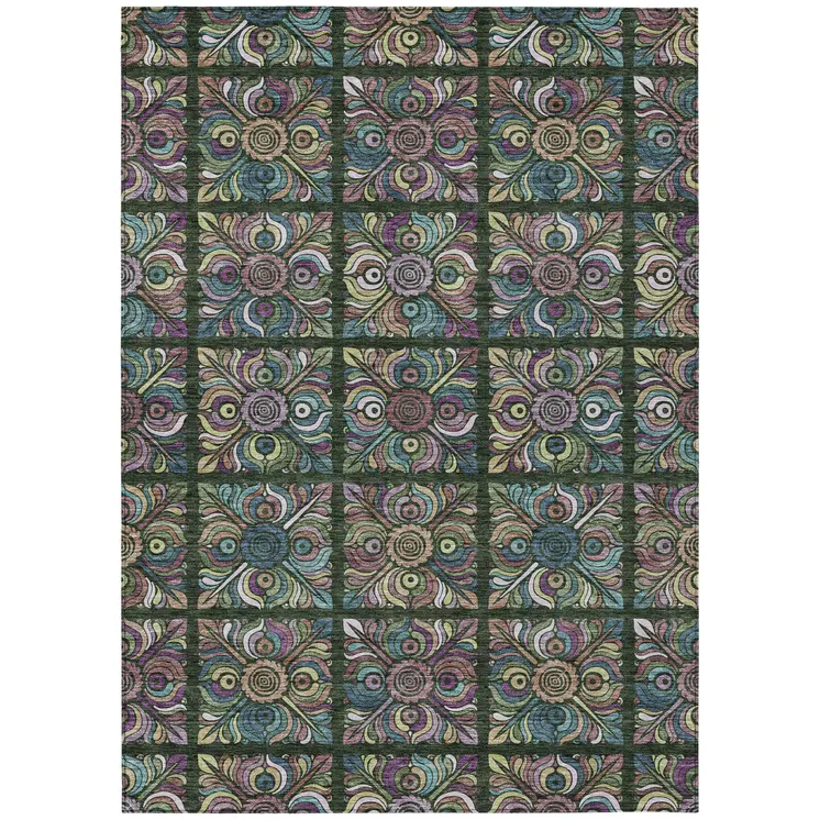5' X 8' Fern Green Purple And Teal Blue Medallion Washable Indoor Outdoor Area Rug
