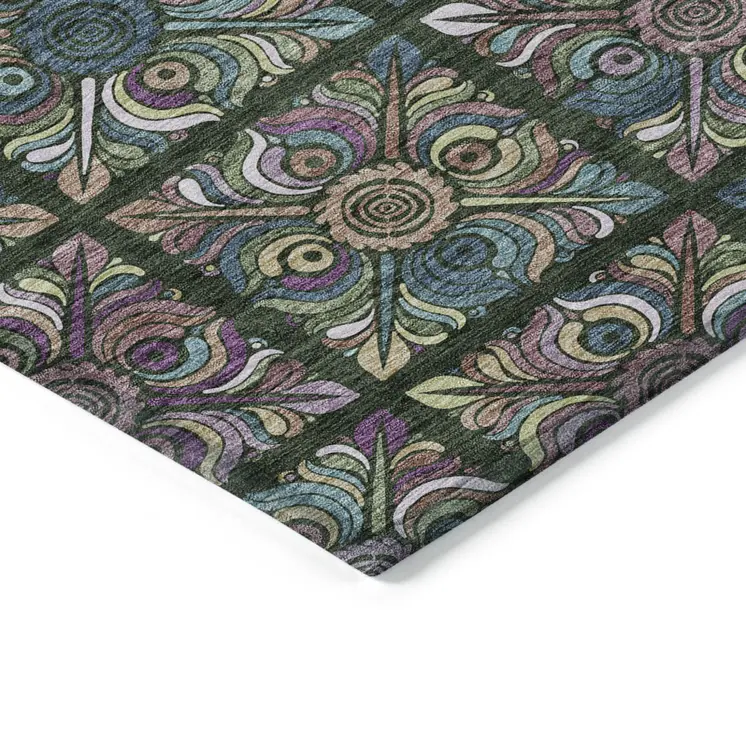 5' X 8' Fern Green Purple And Teal Blue Medallion Washable Indoor Outdoor Area Rug