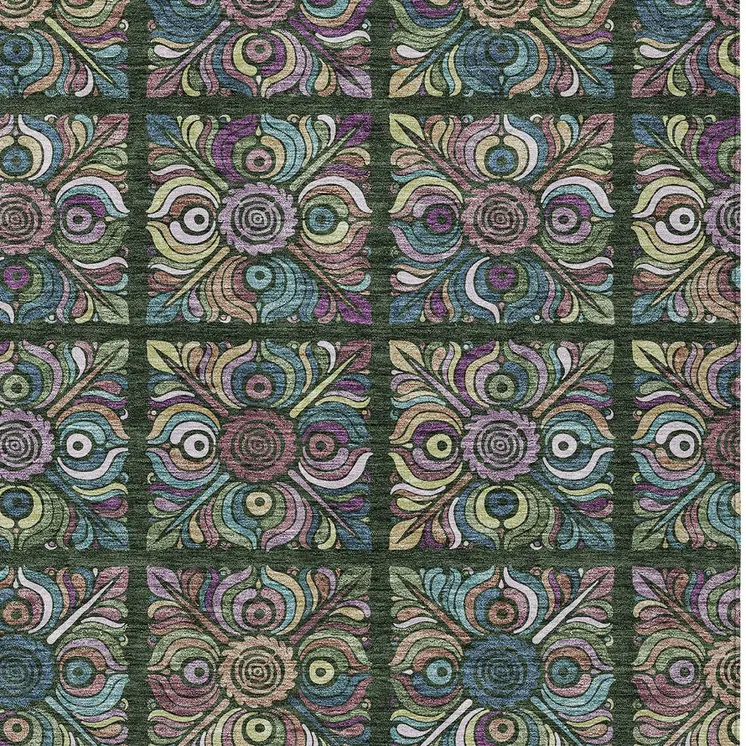 5' X 8' Fern Green Purple And Teal Blue Medallion Washable Indoor Outdoor Area Rug