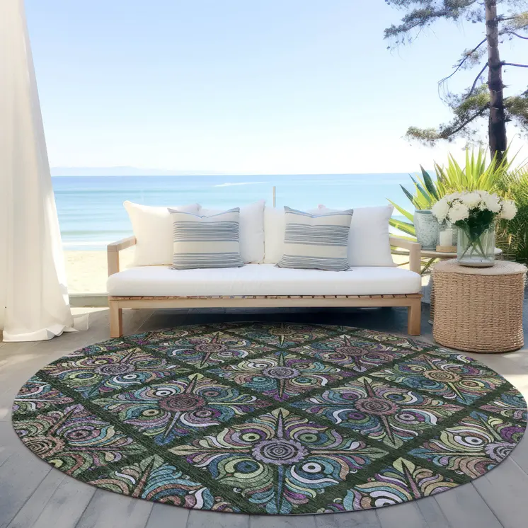 8' Fern Green Purple And Teal Blue Round Medallion Washable Indoor Outdoor Area Rug