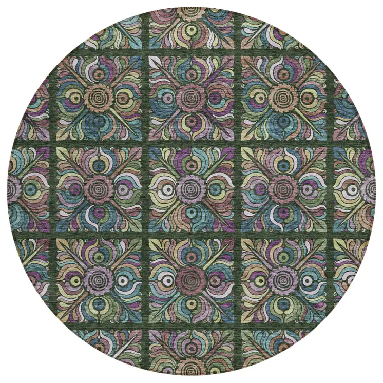 8' Fern Green Purple And Teal Blue Round Medallion Washable Indoor Outdoor Area Rug