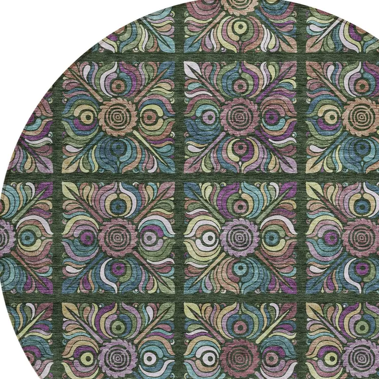 8' Fern Green Purple And Teal Blue Round Medallion Washable Indoor Outdoor Area Rug