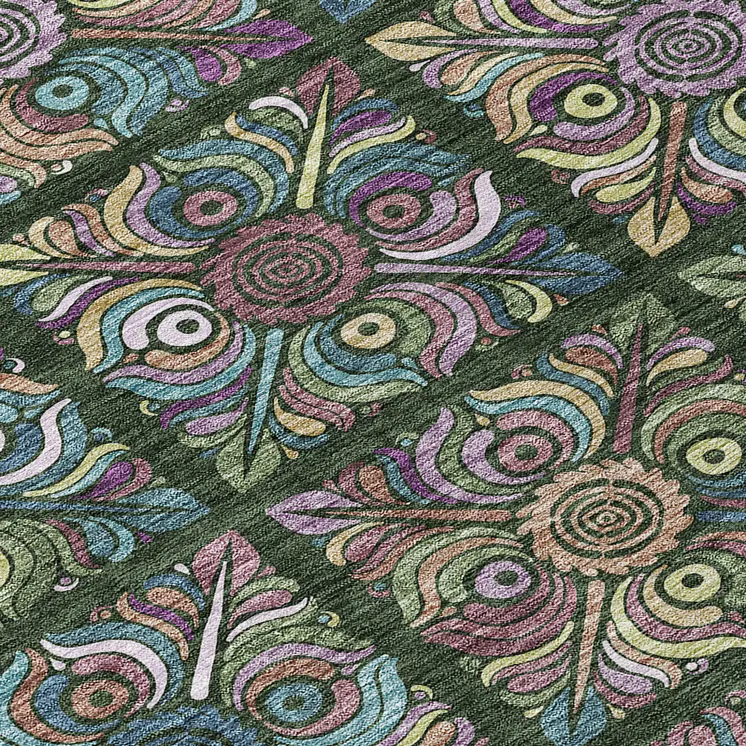 8' Fern Green Purple And Teal Blue Round Medallion Washable Indoor Outdoor Area Rug