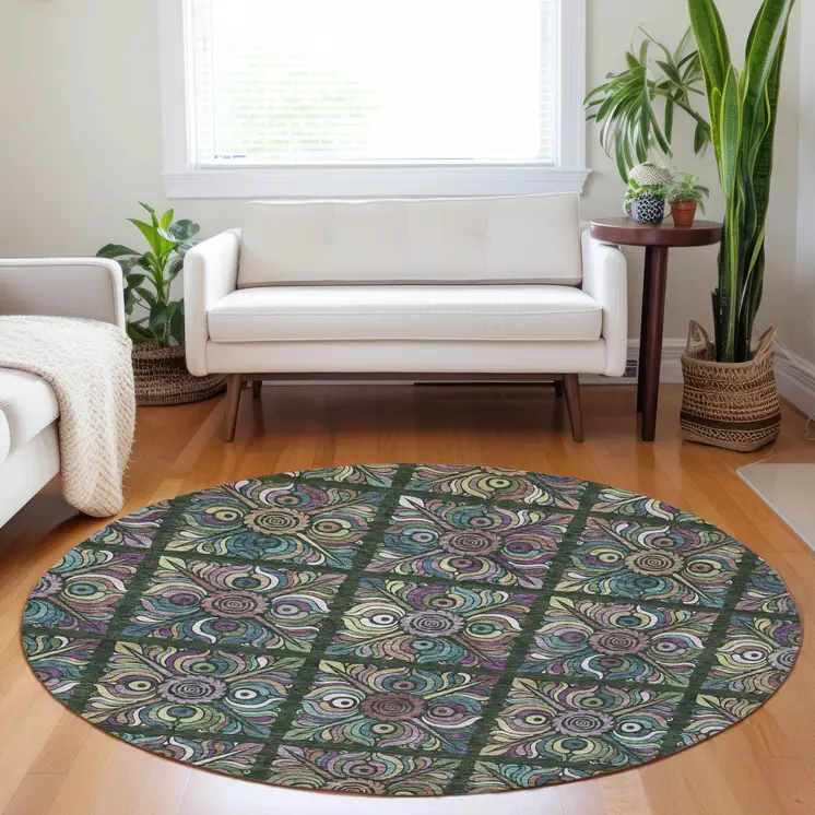 8' Fern Green Purple And Teal Blue Round Medallion Washable Indoor Outdoor Area Rug
