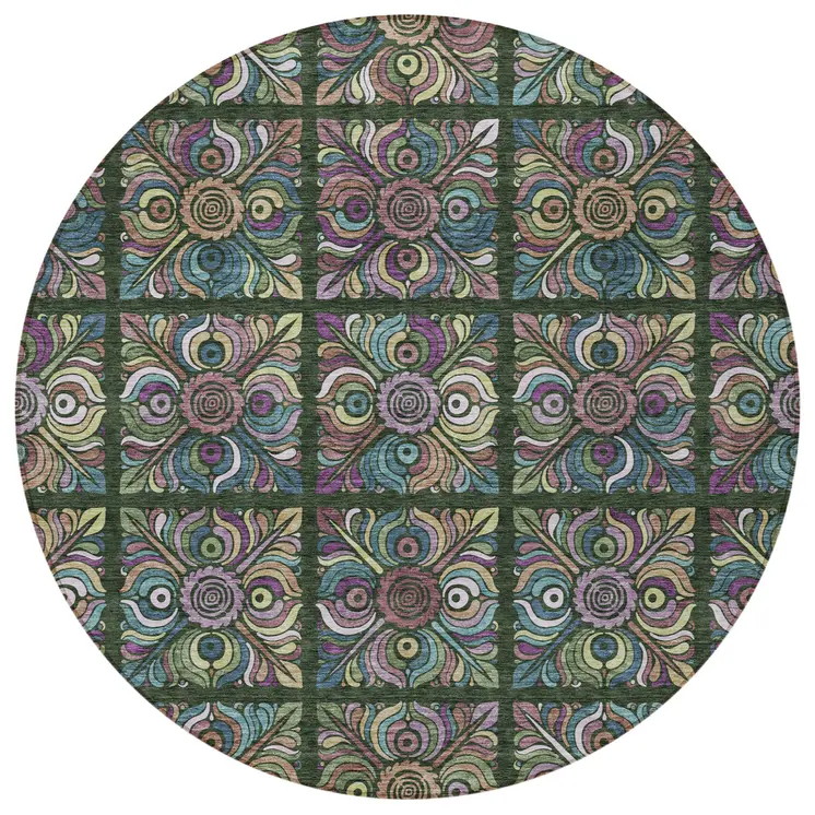 8' Fern Green Purple And Teal Blue Round Medallion Washable Indoor Outdoor Area Rug