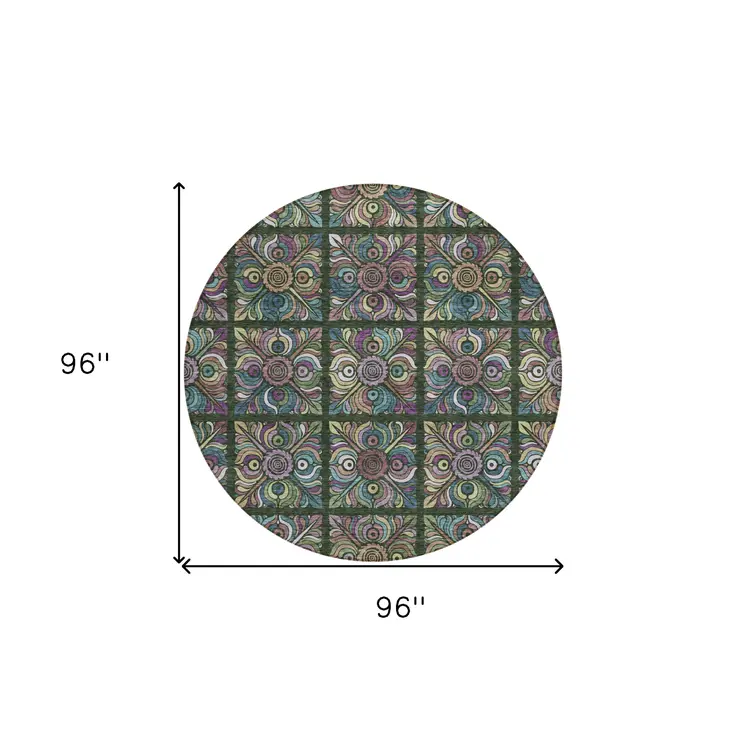 8' Fern Green Purple And Teal Blue Round Medallion Washable Indoor Outdoor Area Rug