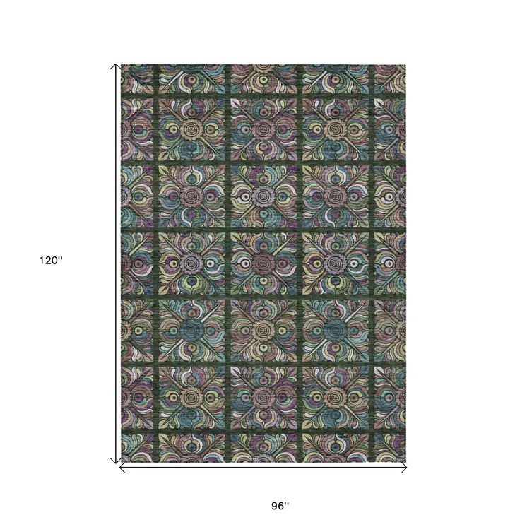 8' X 10' Fern Green Purple And Teal Blue Medallion Washable Indoor Outdoor Area Rug