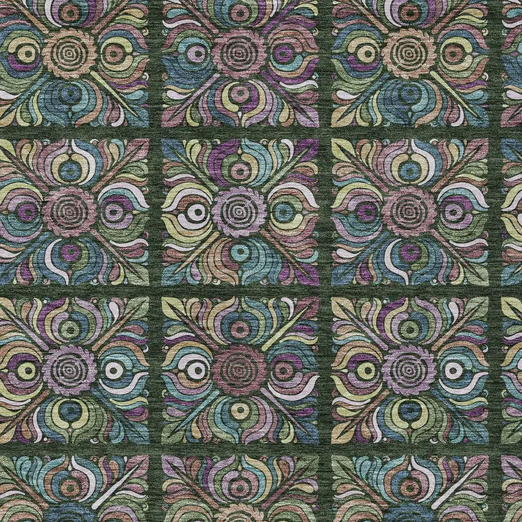 8' X 10' Fern Green Purple And Teal Blue Medallion Washable Indoor Outdoor Area Rug