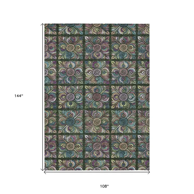 9' X 12' Fern Green Purple And Teal Blue Medallion Washable Indoor Outdoor Area Rug