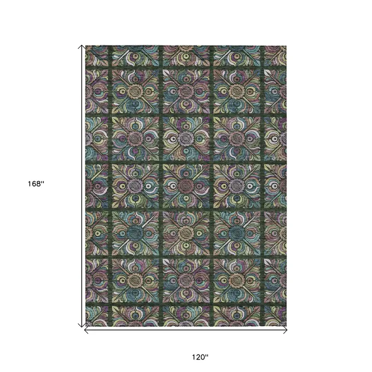 10' X 14' Fern Green Purple And Teal Blue Medallion Washable Indoor Outdoor Area Rug