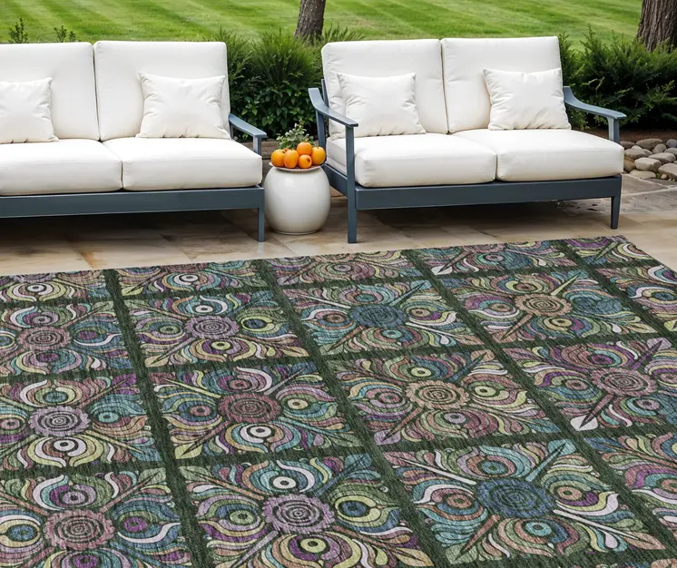 10' X 14' Fern Green Purple And Teal Blue Medallion Washable Indoor Outdoor Area Rug
