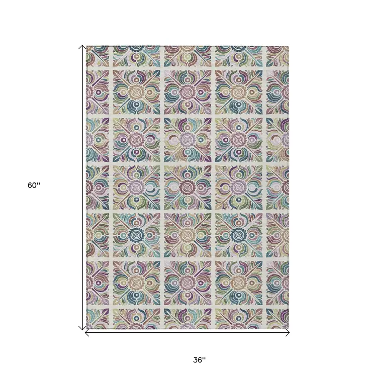 3' X 5' Ivory Purple And Teal Blue Medallion Washable Indoor Outdoor Area Rug