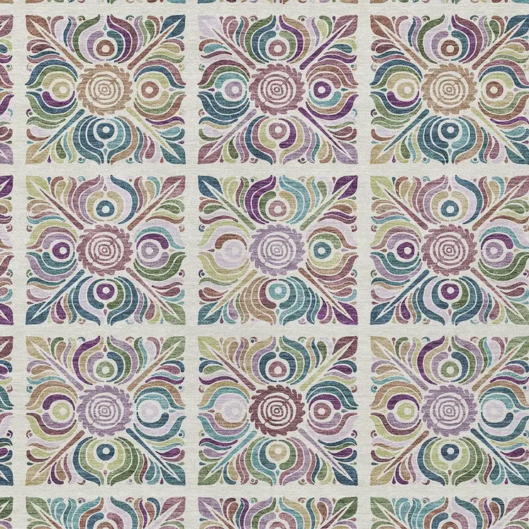 3' X 5' Ivory Purple And Teal Blue Medallion Washable Indoor Outdoor Area Rug