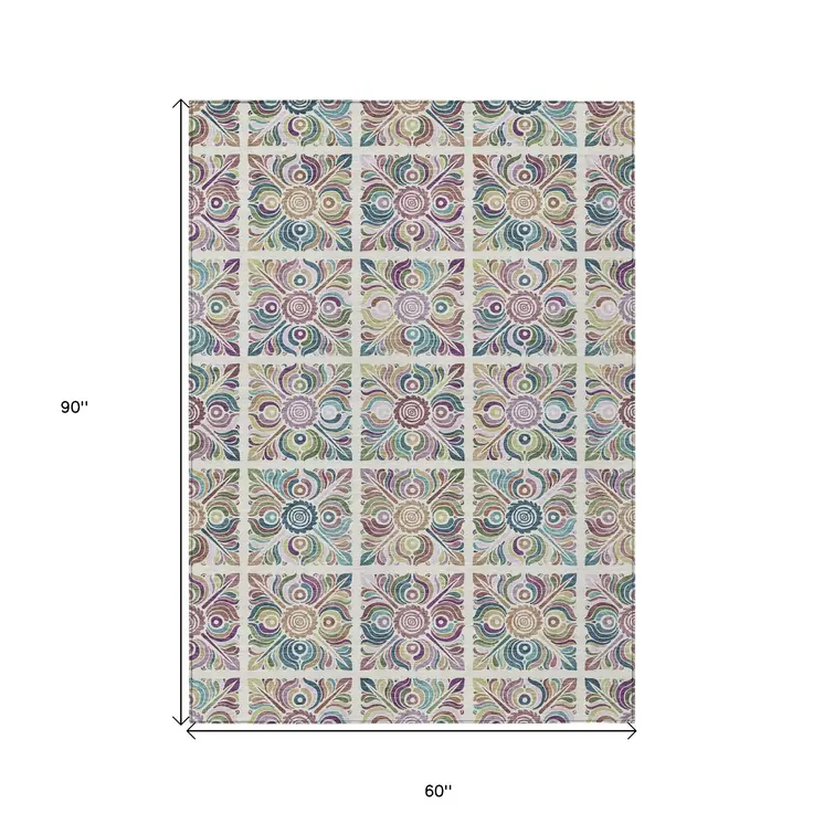5' X 8' Ivory Purple And Teal Blue Medallion Washable Indoor Outdoor Area Rug