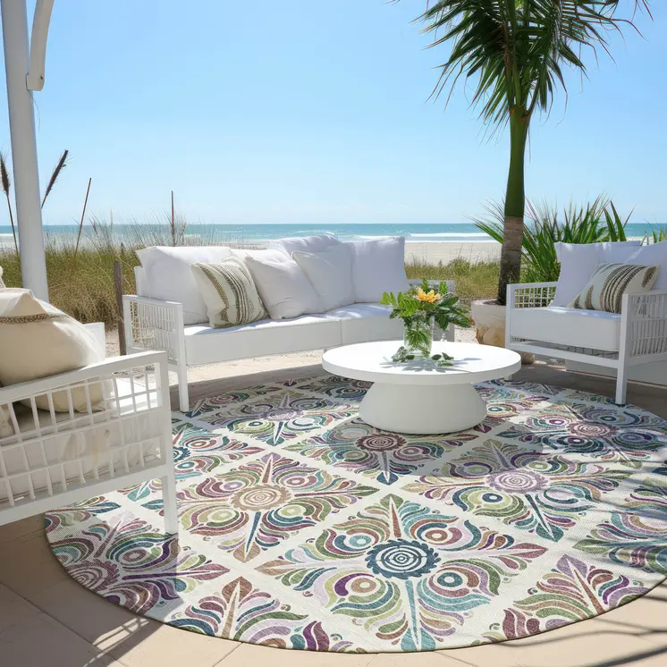 8' Ivory Purple And Teal Blue Round Medallion Washable Indoor Outdoor Area Rug