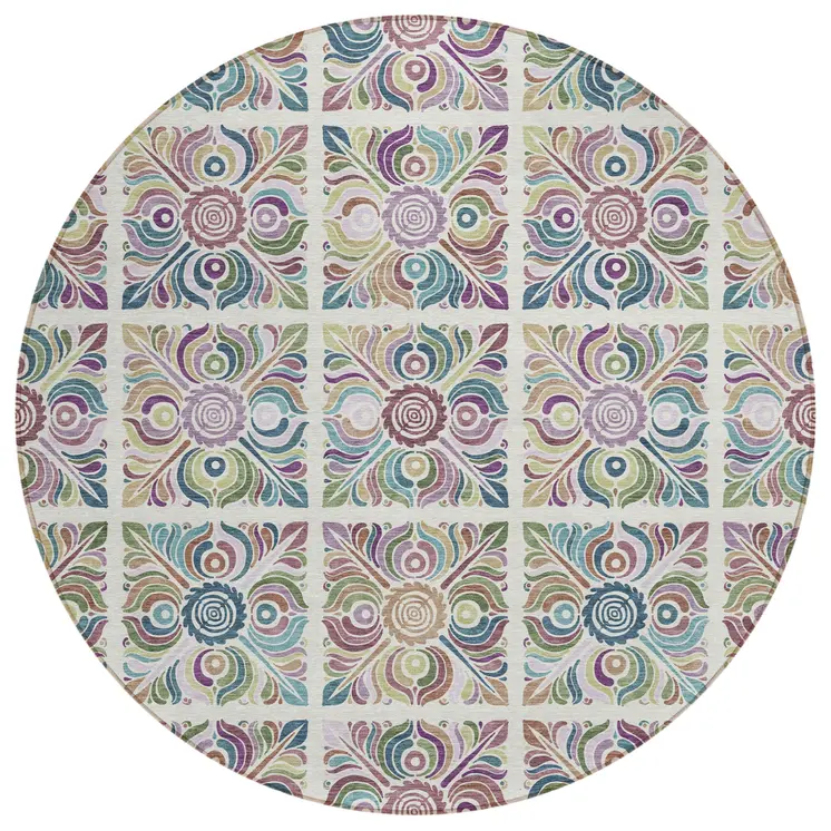 8' Ivory Purple And Teal Blue Round Medallion Washable Indoor Outdoor Area Rug