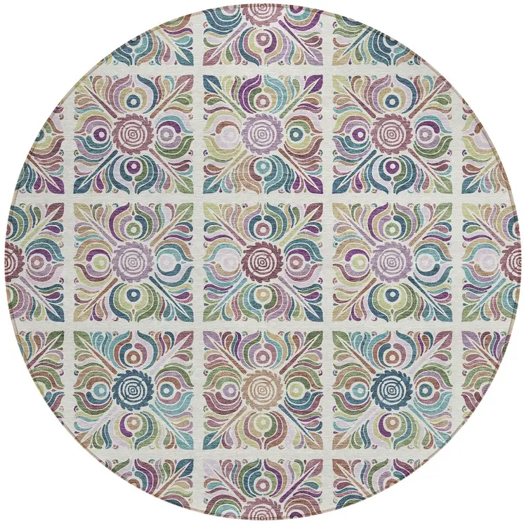 8' Ivory Purple And Teal Blue Round Medallion Washable Indoor Outdoor Area Rug