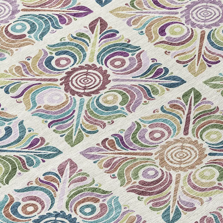 8' Ivory Purple And Teal Blue Round Medallion Washable Indoor Outdoor Area Rug