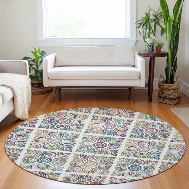 8' Ivory Purple And Teal Blue Round Medallion Washable Indoor Outdoor Area Rug