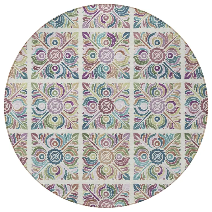 8' Ivory Purple And Teal Blue Round Medallion Washable Indoor Outdoor Area Rug