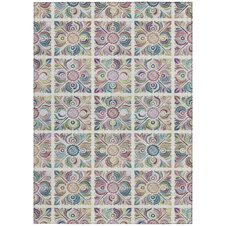 8' X 10' Ivory Purple And Teal Blue Medallion Washable Indoor Outdoor Area Rug