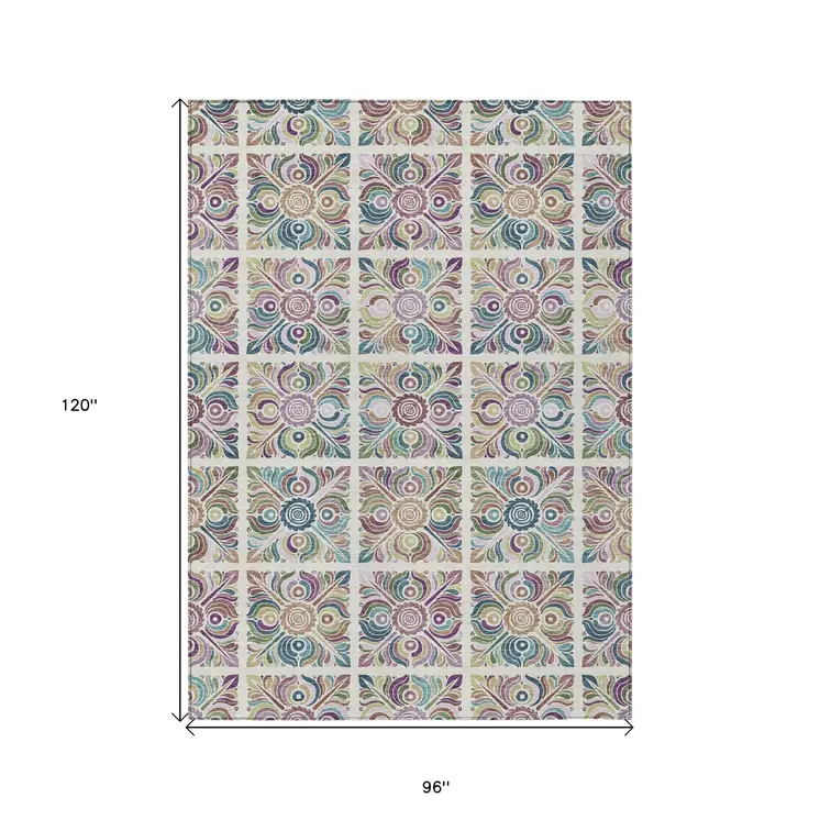 8' X 10' Ivory Purple And Teal Blue Medallion Washable Indoor Outdoor Area Rug