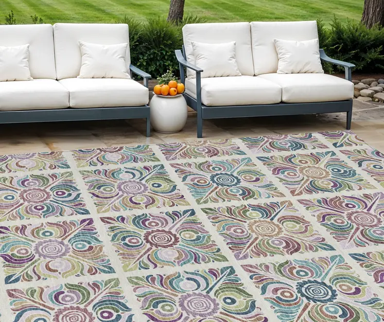 8' X 10' Ivory Purple And Teal Blue Medallion Washable Indoor Outdoor Area Rug