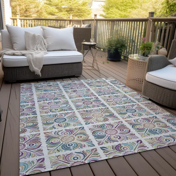 8' X 10' Ivory Purple And Teal Blue Medallion Washable Indoor Outdoor Area Rug