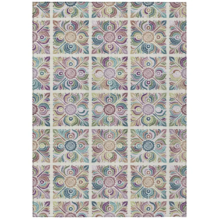 8' X 10' Ivory Purple And Teal Blue Medallion Washable Indoor Outdoor Area Rug